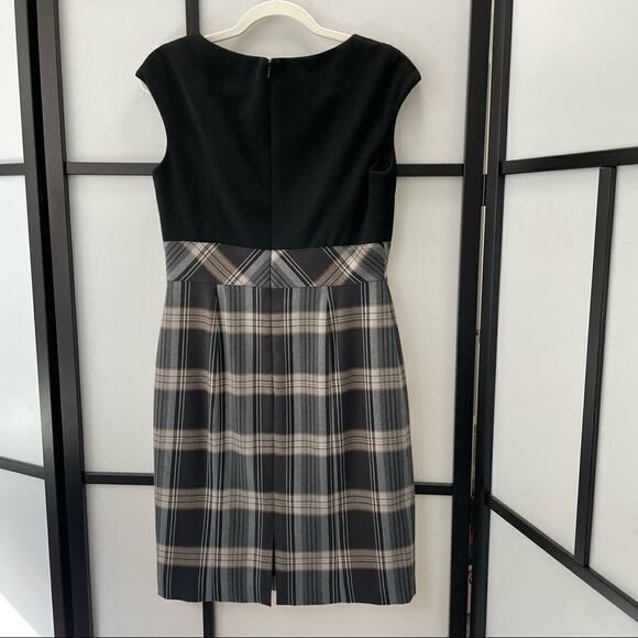 [6] Evan Picone Neutral Tone Plaid Sleeveless Belted Midi Dress Black Tan & Grey - Picture 3 of 16